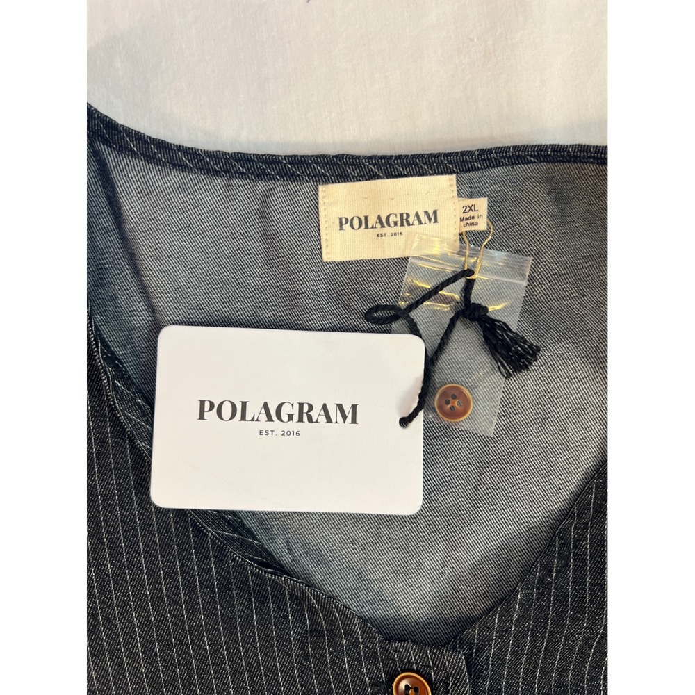 Polagram Pinstripe Denim Maxi Dress Short Puff Sleeve Button Front 2XL New - Picture 5 of 7